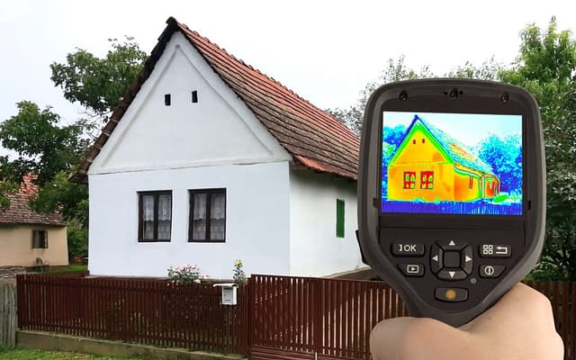 Caméra thermique donnant l'image thermique infrarouge d'une vieille maison